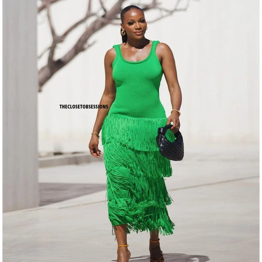 Mango Bright Green Tiered Fringe Maxi Dress - Picture 12 of 16
